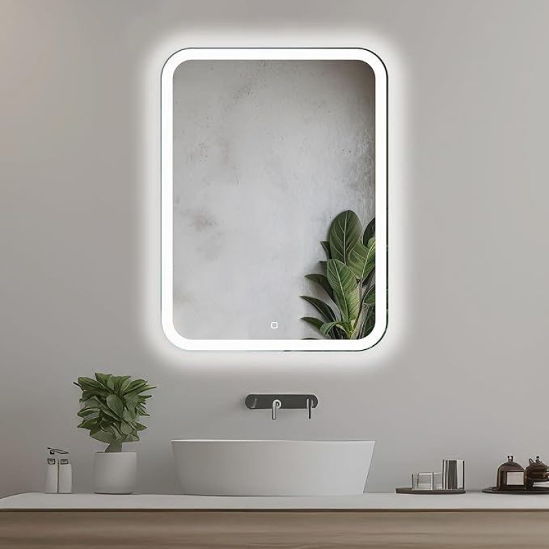 50 x 70 cm vertikalus vonios veidrodis su LED apšvietimu, apšviestas vonios veidrodis su jutikliniu jungikliu, užapvalintais kampais, stačiakampis LED vonios veidrodis su natūralia balta LED priekine šviesa