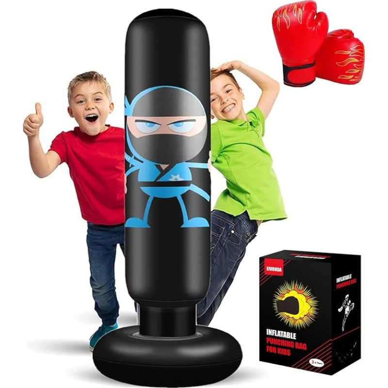 160 cm ilgio pripučiamas nindzių smūgiavimo kamuolys, stovintis smūgiavimo maišas su bokso pirštinėmis, skirtas boksui, MMA, karatė, taekvondo treniruotėms ir vaikų susikaupusiai energijai mažinti
