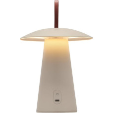LUUK Studio Akumuliatorinis grybo formos LED šviestuvas, modernaus dizaino, reguliuojamo ryškumo, IP44, tinkamas naudoti lauke, su odine rankena, smėlio spalvos