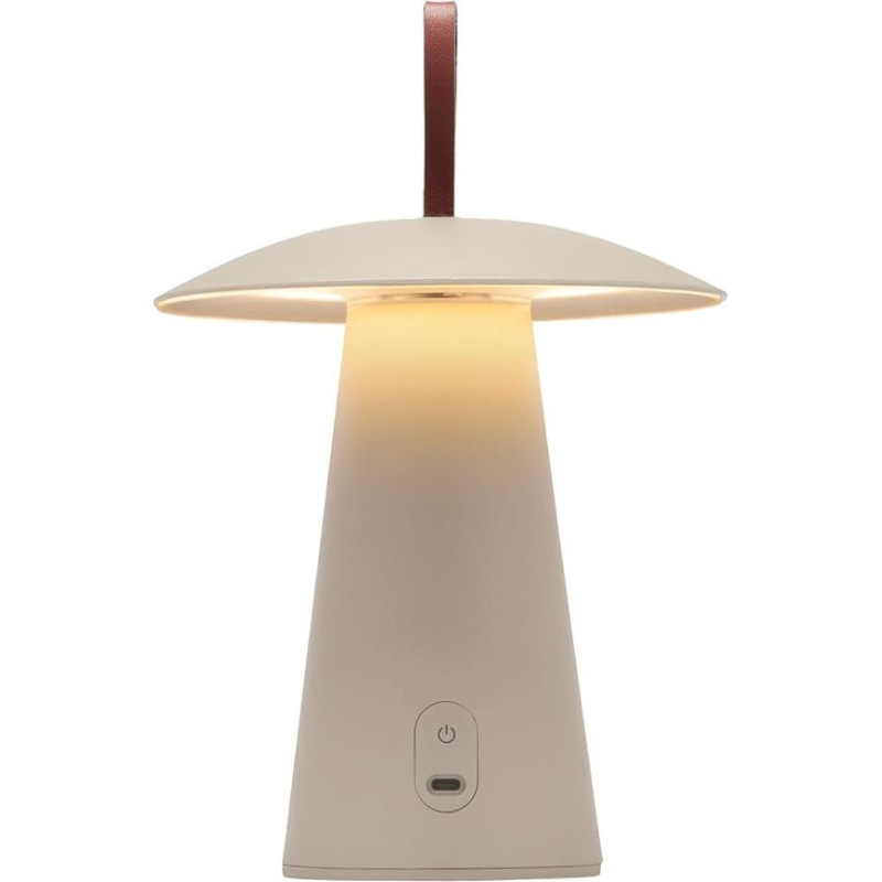 LUUK Studio Battery-operated LED lamp in mushroom shape, modern design, dimmable by touch, IP44 and suitable for outdoor use, with leather handle, beige