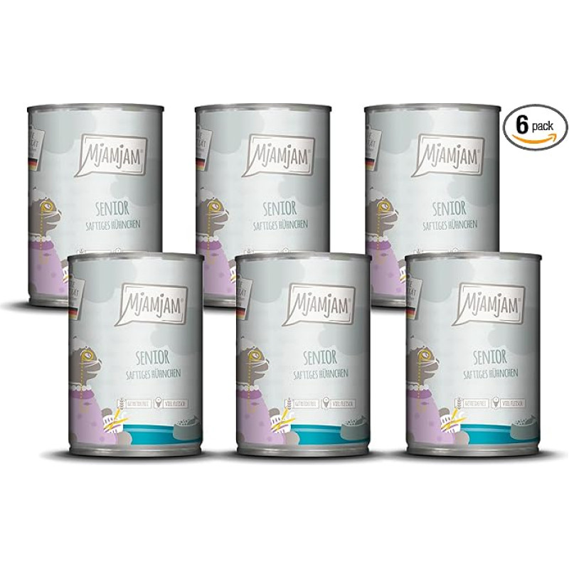MjAMjAM - Aukščiausios kokybės drėgnas maistas katėms - senjorėms - sultinga vištiena, 6 vnt. (6 x 400 g), be grūdų