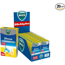 WICK Cough Drops Lemon and Natural Menthol No Sugar Storage Pack - raminantys lašai nuo kosulio su citrinų sultimis ir mentoliu giliam kvėpavimui - 20 vnt. (20 x 46 g)