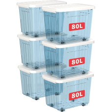 Cetomo 80 L x 6 sandėliavimo dėžės, grioveliu sutvirtintos plastikinės dėžės su ratukais ir dangteliais, sukraunamos sandėliavimo dėžės, organizuojančios dėžės namams ir biurui, PP, skaidrios mėlynos spalvos, 80 L (6 vnt.)