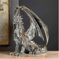 OUTOUR Statue de dragon steampunk - 30,5 cm gotikinė drakono skulptūrėlė su rievėtosios metalinės metalizuotos medžiagos engrenages rétro pour la maison, le bureau, la grotte d'homme et la décoration