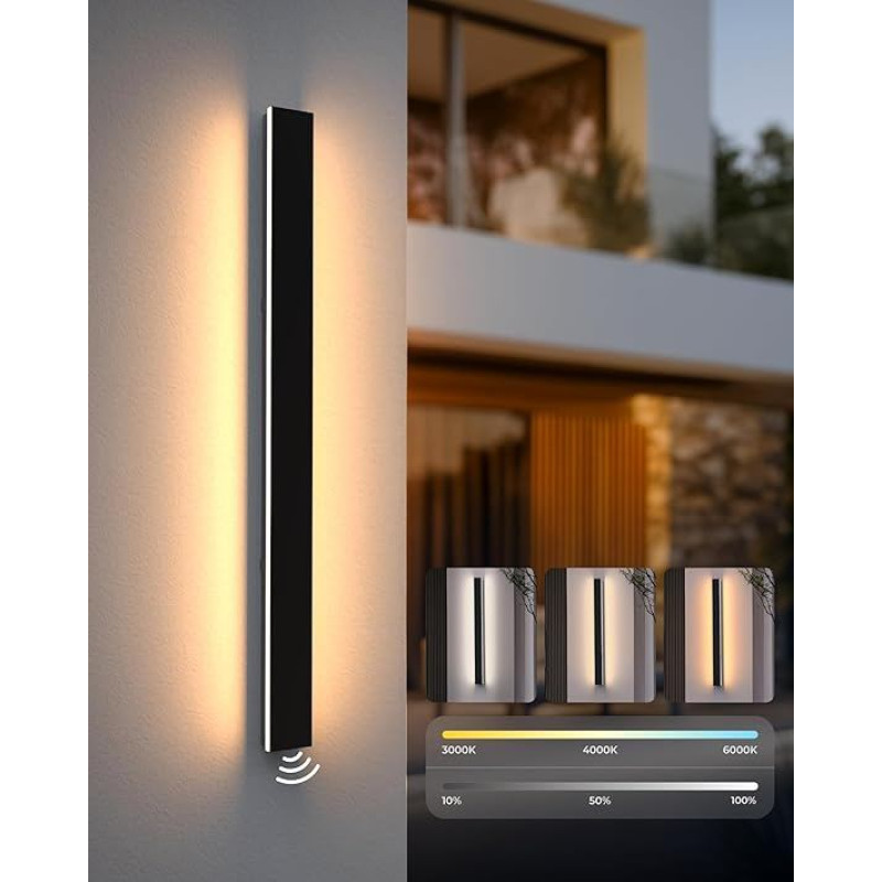 LED sieninis šviestuvas 80 cm / 25 W, modernus lauko sieninis šviestuvas su saulėlydžio jutikliu, reguliuojamas, 3 spalvų temperatūros, IP65 vandeniui atsparus aliuminio lydinys - lauko šviestuvas sodui, kiemui, miegamajam, svetainei