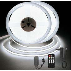 COB LED juosta 15 m, 6000 K šaltai balta LED juosta, DC24 V šviesos vamzdelių juosta su nuotolinio valdymo pultu ir maitinimo šaltiniu, CRI 92+, 8 mm pločio, temdomos LED šviesos juostos namų apdailai (2 x 7,5 m)