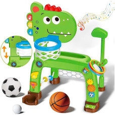 4-in-1 Basketballkorb und Fußballtor Spielzeug für Kleinkinder, Babyspielzeug mit Golfspiel und Ringwurfspiel, Dinosaurier-Spielzeug für 1 2 3 jährige Jungen und Mädchen mit Licht, Sound und Musik