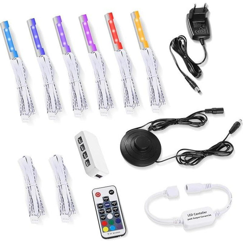 LED stiklo krašto apšvietimas, 6 RGB stiklo grindų apšvietimas su nuotolinio valdymo pulteliu, spalvą keičiantis spintelės apšvietimas su kojiniu jungikliu, vitrinos apšvietimas, šviesa vitrinai, stiklo dekoracijos