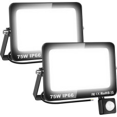 SKYWORLD prožektorius su judesio jutikliu PIR, 2 vnt. 75 W 7500 LM LED lauko prožektorius, IP66 vandeniui atsparus prožektorius, lauko šviesa 6000 K šaltai balta sodui, kiemams, garažui, viešbučiui