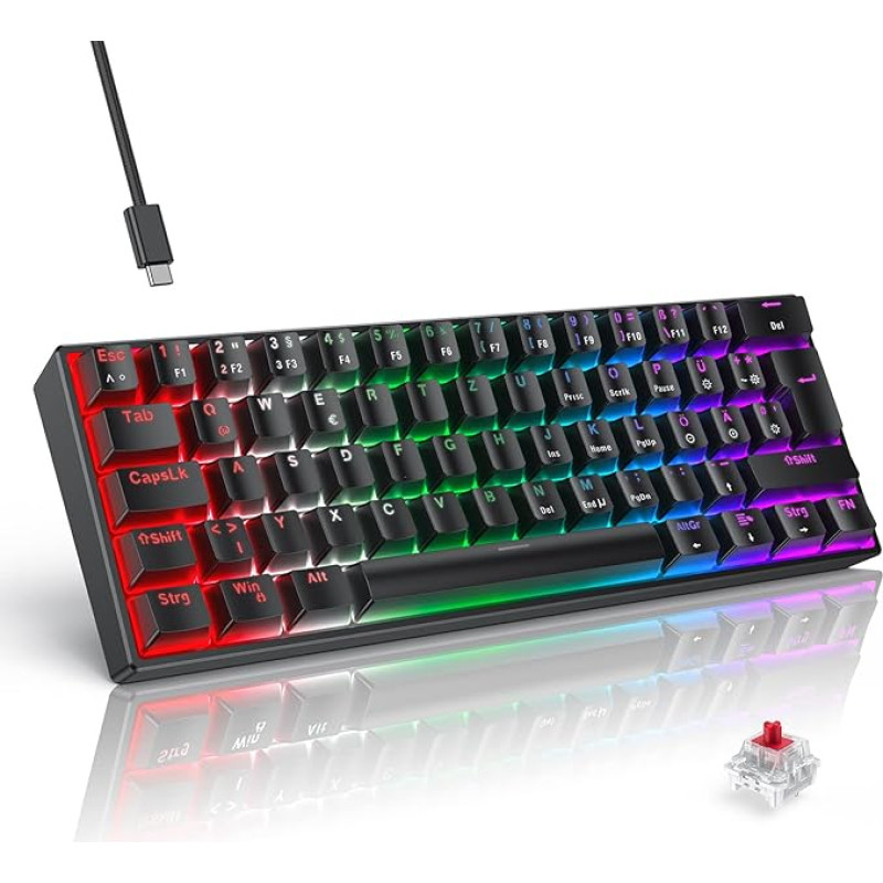 TECURS mechaninė žaidimų klaviatūra, mechaninė klaviatūra, 60 % QWERTZ raudoni jungikliai kompiuterinių žaidimų žaidėjams ir darbui, 61 klavišas, laidinė klaviatūra, skirta kompiuteriui 