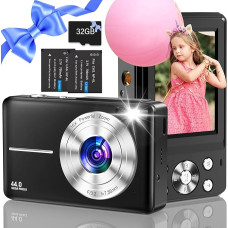 Skaitmeninis fotoaparatas, kompaktiškas fotoaparatas su 32 GB kortele, 44 MP fotoaparatas, 1080P HD filmavimo kamera, LCD ekranas, 16x skaitmeninis priartinimas ir 2 baterijos paaugliams, pradedantiesiems (juodas)