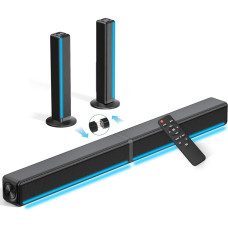 TV įrenginių garso juosta su RGB apšvietimu, 2.2 kanalo atskiriama 2-in-1 TV garso sistema su 3 ekvalaizerio režimais, reguliuojamais bosais, 180 W 