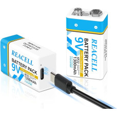 2 pakuočių 9 V įkraunamų ličio jonų akumuliatorių pakuotė, 1300 mAh blokiniai akumuliatoriai su USB-C įkrovimo kabeliu, suderinami su dūmų detektoriais, sirenomis, mikrofonais, multimetrais, priešgaisriniais signalizatoriais