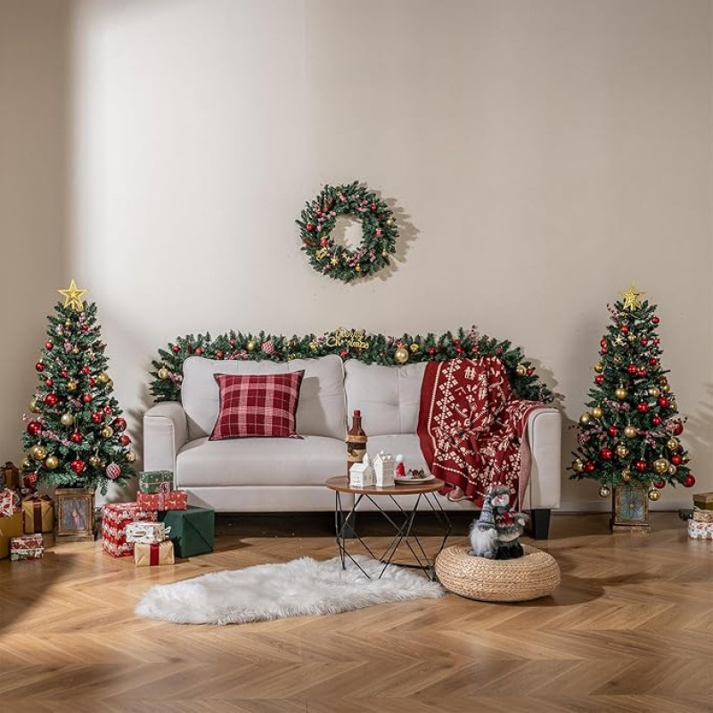 GIANTEX 2 dirbtinių Kalėdų eglučių rinkinys + Kalėdų vainikas + 270 cm kalėdinė girlianda, mini kalėdinė eglutė 120 cm vazone, maža dirbtinė eglutė, dekoruota Kalėdų eglutė