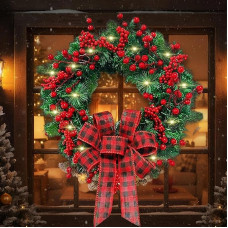 powerking Christmas Wreath with Red Berries and Black Red Checkered Ribbon, Winter Snowy Xmas Wreath for Indoor Outdoor Wall Window Farmhouse Home Decor