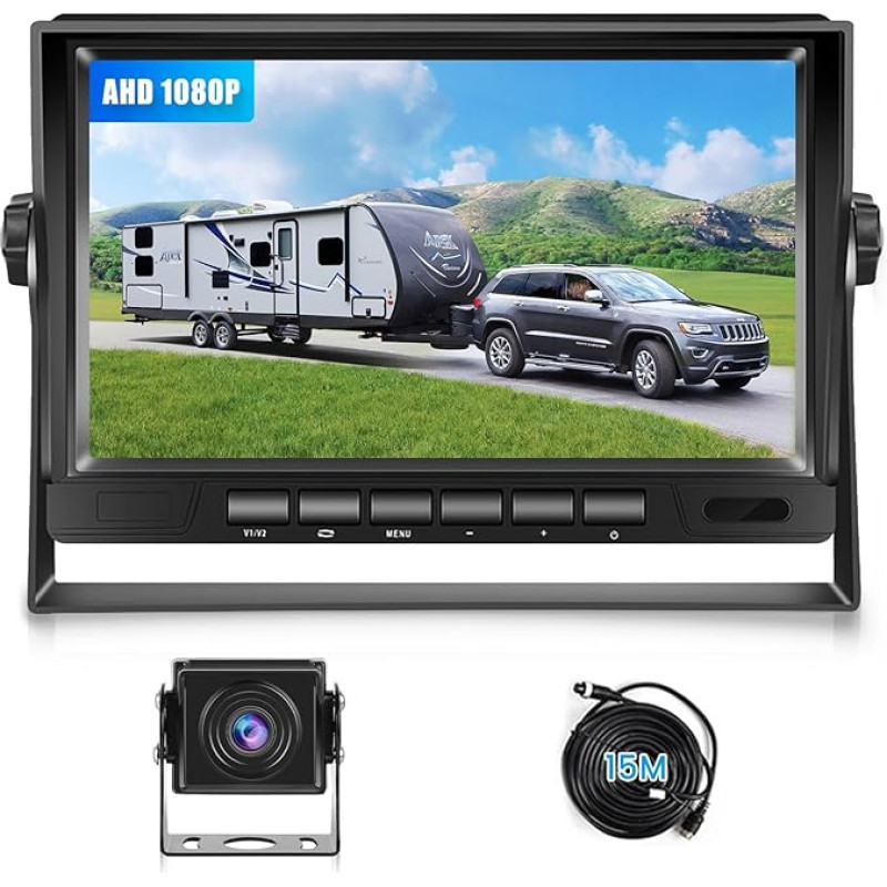 Automobilio atbulinės eigos kamera, AHD 1080P 7 colių LCD monitorius ir rinkinys, galinio vaizdo kamera su 15 m kabeliu, IP69 vandeniui atspari, naktinis matymas, tinka sunkvežimiams, nameliams ant ratų, karavanams