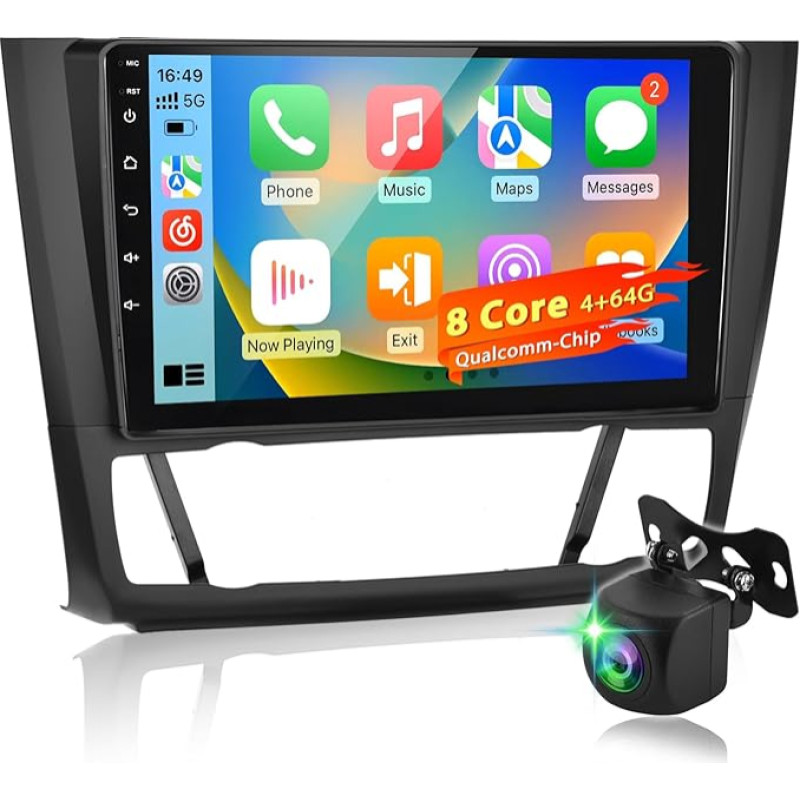 8 branduolių Qualcomm 4+64G Android automobilinis radijas BMW 1 serijos E81 E82 E87 E88 2004-2012, 9 colių 1280 × 720 jutiklinio ekrano radijas, DSP Hi-Res Sound, Wireless CarPlay ir Android Car + AHD galinio vaizdo kamera