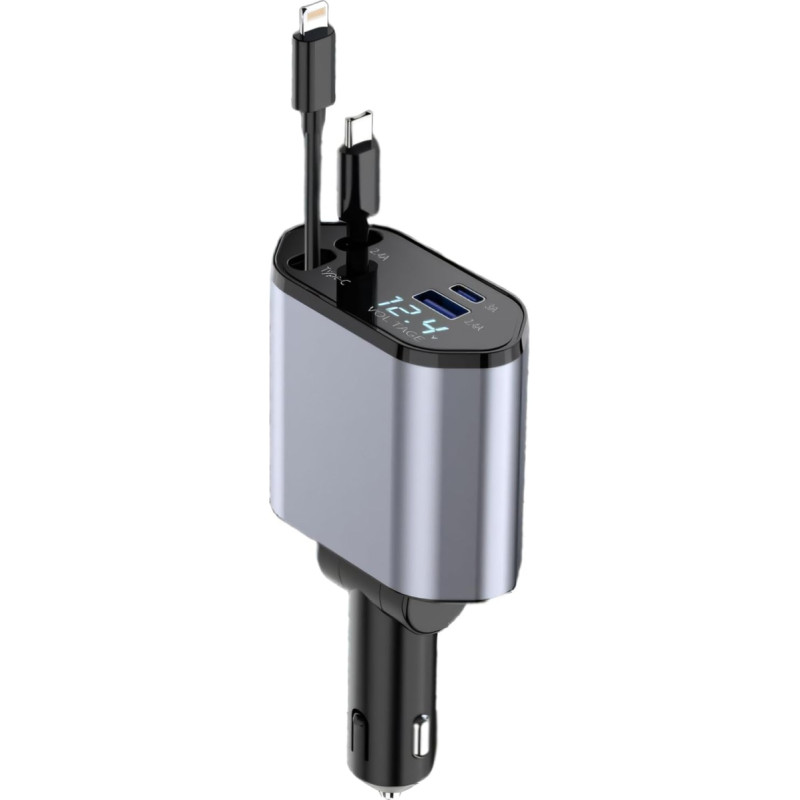 4 in 1 Auto Ladegerät, Zigarettenanzünder USB, 120W USB adapteris Auto Schnellladegerät Mit einziehbarem Typ-C, 24/12V KFZ Ladegerät für iPhone/Samsung
