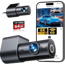 Automobilinė priekinė galinė vaizdo kamera 4K + 1080P, 5,8 GHz WLAN prietaisų skydelio kamera su 170° plačiu kampu, prietaisų skydelio kamera su 64 GB SD kortele, G jutikliu ir 24 valandų parkavimo stebėjimu, mini prietaisų skydelio kamera automobiliui su