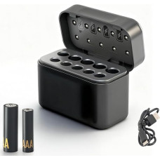 10 krypčių ličio jonų įkroviklis AA/AAA baterijoms (1,5 V) - automatinis aptikimas ir 0 V aktyvavimas - nepriklausomos įkrovimo stotelės (350 mAh/200 mAh) - kompaktiškas ir C tipo jungtis (juoda)