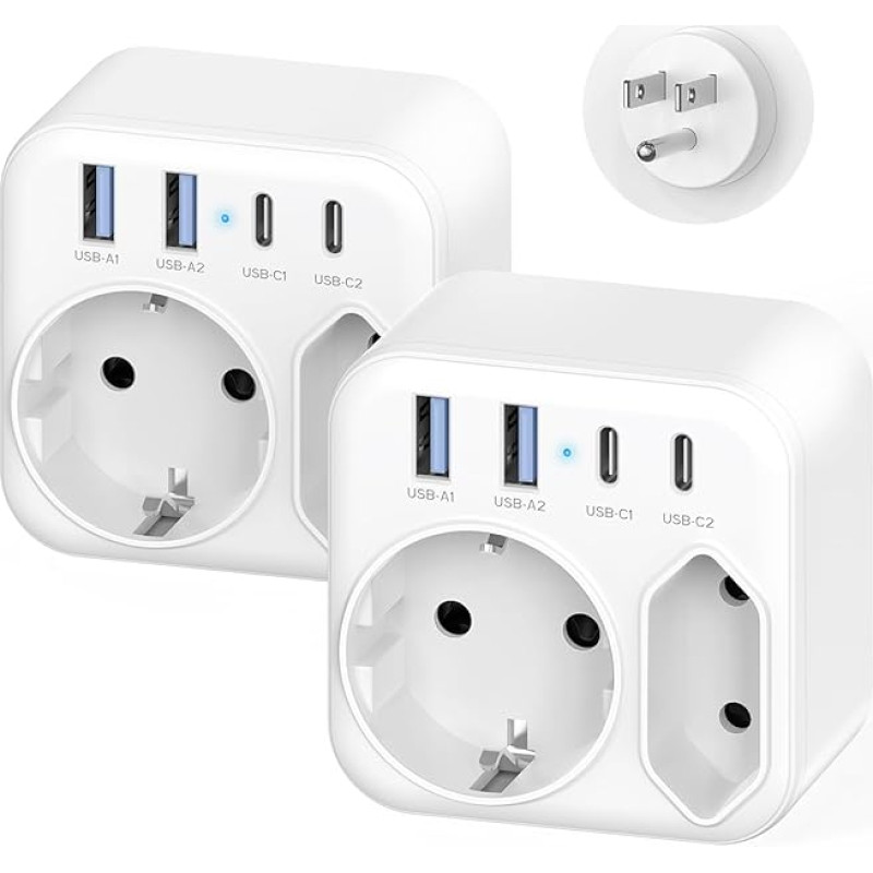 2 pakuotės kelioninis adapteris JAV Vokietija kištukas su 4 USB (2-USB C) ir 2 kištukiniais lizdais, 