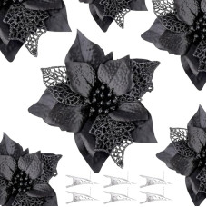 CREATCABIN Pack of 24 Artificial Poinsettias with Glitter Christmas Decorations Christmas Wreath Garland with Clips for Wedding New Year's Eve Party 3 Sizes (Black)