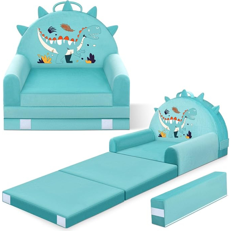 Dinosaur Children's Sofa, Folding 2-in-1 Mini Couch, 150 cm Soft Crystal Velvet Toddler Play Sofa for Bedroom, Living Room, Playroom, Birthday Gift for Boys Girls