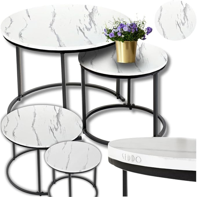 ZOLTA 2 kavos staliukų rinkinys Apvalus pramoninis palėpės staliukas 60 cm skersmens ir 40 cm skersmens svetainės staliukas MDF metalinis staliukas Modernūs erdvę taupantys stabilūs svetainės staliukai Dizainas baltas
