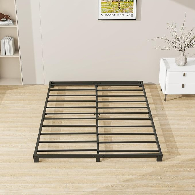 Metalinė lova su platforma, lovos rėmas 120 x 200 cm, aukštis 8 cm, metalinė lova su metalinių skersinių rėmu, moderni metalinė lova suaugusiesiems, vaikams, paaugliams, lengvai surenkama, dvigulė lova, juoda