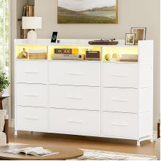 Chest of Drawers with Charging Station and LED Lighting, TV Chest with 9 Fabric Drawer, Storage Cabinet with Wooden Top for Bedroom, Living Room, Hallway, White