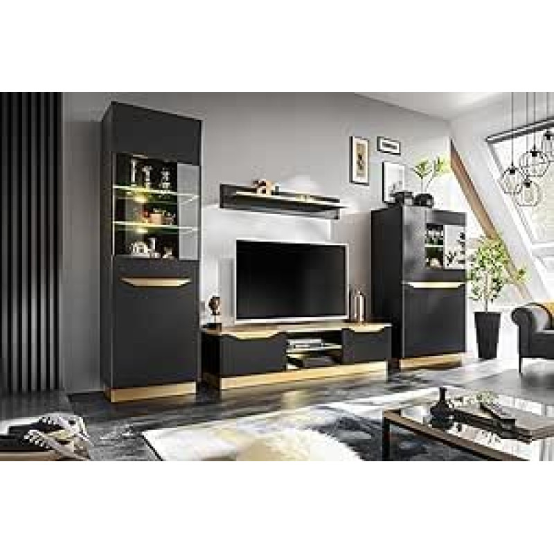 Svetainės sienų rinkinys, svetainės sieninė lentyna, televizoriaus sienelė, stiklinė vitrina, žema lenta, sieninė lentyna (Fame - Black/Gold)