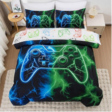 Meeting Story Boys 5 Piece Bedding Set Queen Size Green and Blue Game Console Crib in a Bag Soft Lightweight Video Game Pad Bedroom Set (Teal)