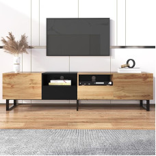 190 cm TV spintelė su 2 durelėmis ir 2 stalčiais, TV lenta su laikymo vieta, moderni TV spintelė su 2 atvirais skyriais, TV spintelė svetainėje, medinė ir juoda