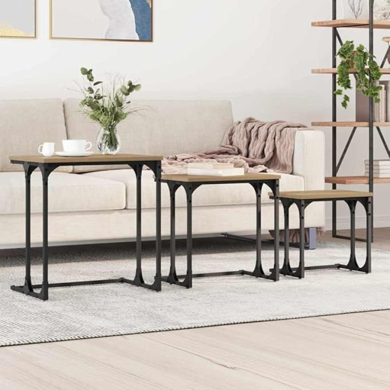 Nesting Couchtisch Set, 3-teilig, Artisan-Eiche Holzwerkstoff, Industrieller Stil, Schwarz Stahlrahmen, Platzsparend, für Wohnzimmer, Beistelltisch