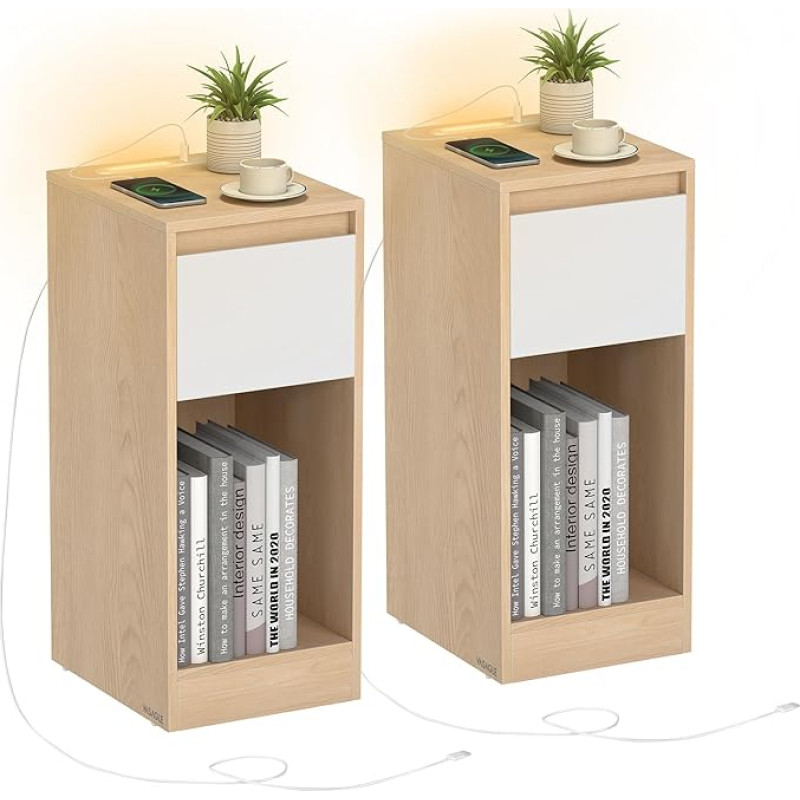 VASAGLE 2 plonų naktinių staliukų rinkinys LED apšvietimas 1 USB-A prievadas 1 USB-C prievadas Stalčius Atviras skyrius miegamajame Svetainėje Migdolų geltona Debesų balta LET710Y01