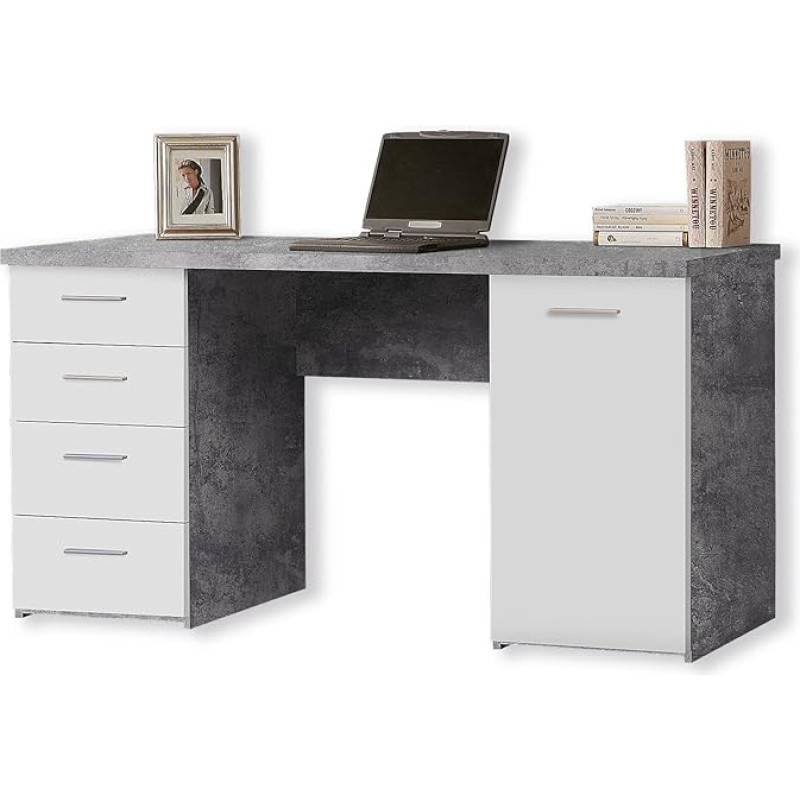 FORTE Net106 4 stalčių rašomasis stalas su 1 durelėmis, mediena, betono efektas, šviesiai pilka/balta, 145 x 60 x 76,3 cm