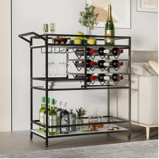 3 pakopų mobilusis vyno krepšelis, baro serviravimo krepšelis ant ratukų su vyno ir stiklo lentynomis, modernus riedantis vyno laikymo krepšelis namų virtuvės vakarėliams (juodas)
