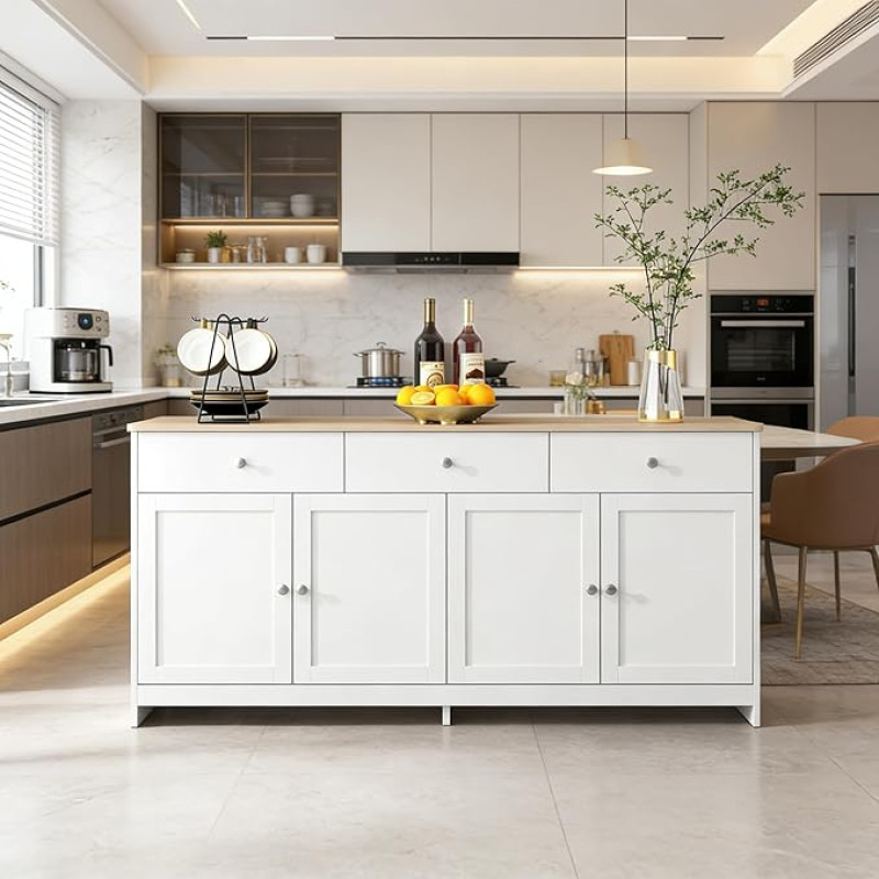 Kitchen Cabinet, Sideboard Chest of Drawers Storage Cabinet with 3 Drawers, 4 Doors, Kitchen Chest of Drawers with Worktop, Buffet Cabinet for Living Room, Bedroom, Hallway, 160 x 37 x 75 cm (White - 3 Drawers A)