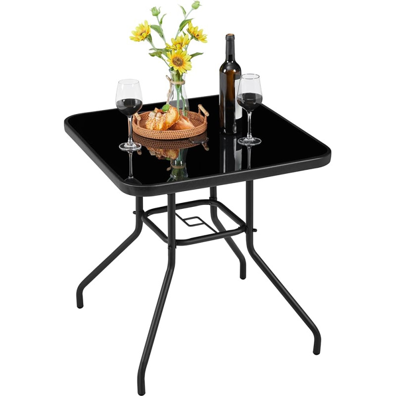 Yaheetech Sodo stalas Šoninis stalas Stiklo ir metalo Bistro stalas su skyle skėčiui Kavos staliukas Lengva priežiūra Patio stalas Atsparus oro sąlygoms 70 cm x 70 cm Juoda