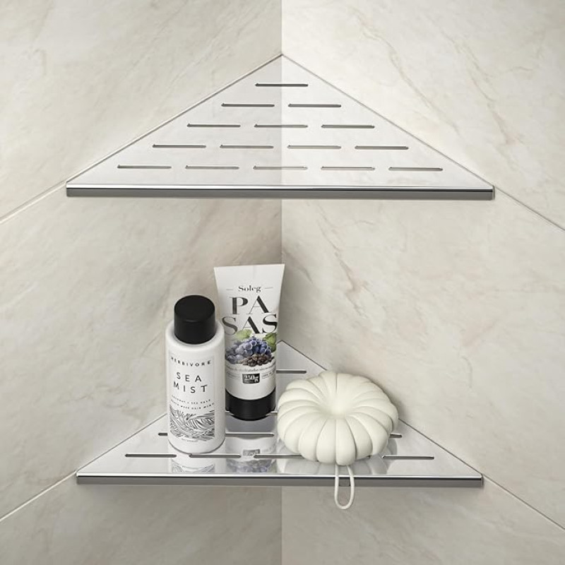 Corner Shower Shelf 10 Inch Polished 304 Stainless Steel Countersunk Corner Shelves with Slotted Design Bathroom Shelf for Tiled Walls No Drilling Required 2 Pack