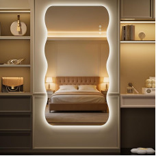 Hasipu Bathroom Mirror with Lighting, 152 x 91 cm, LED Bathroom Mirror, Wave Shape, Wall Mirror, Anti-Fog Bathroom Mirror with Touch Switch, 3 Light Colours, Dimmable