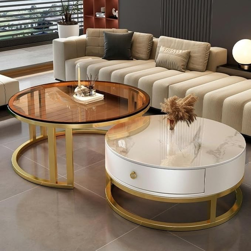 Nesting Couchtisch-Set, runde Schieferplatte mit Aufbewahrungsschublade, 9 mm verdickte Platte für Wohnzimmer, kleinen Raum und Wohnung