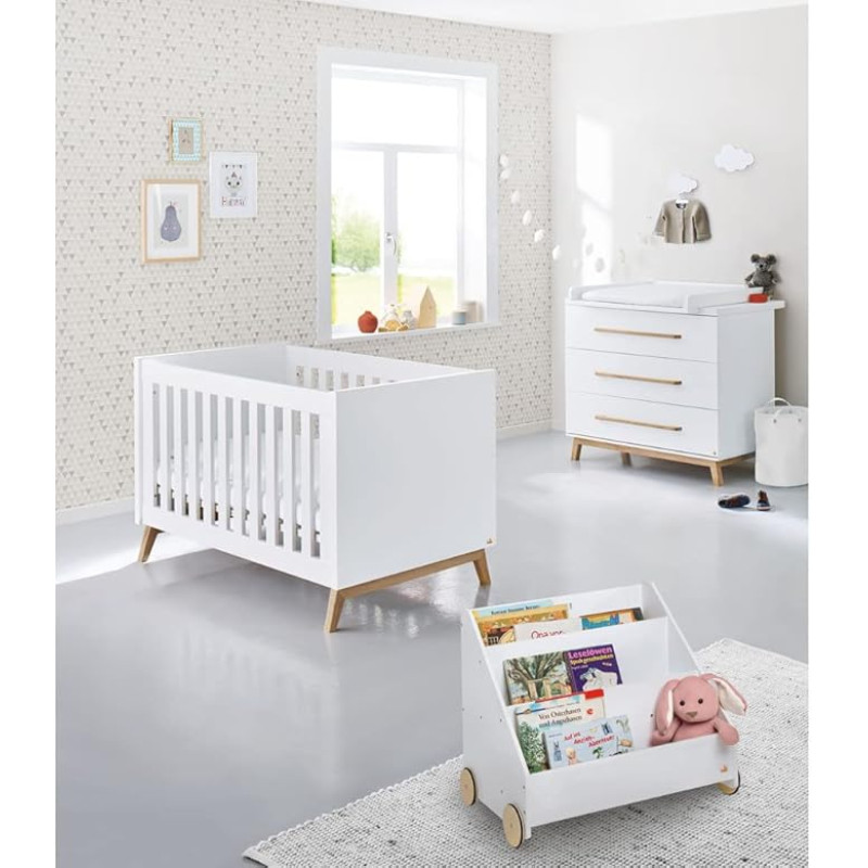Lomadox Baby Room Complete Set Including Mattress in White Matt with Bookshelf