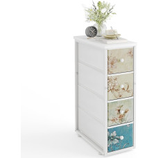 MUTUN Siaura komoda su 4 stalčiais, miegamojo audinio stalčius su mediniu viršumi, siaura spintelė, naktinis staliukas, vonios kambario, prieškambario, svetainės, spintos, biuro, organizatorius, balta gėlė