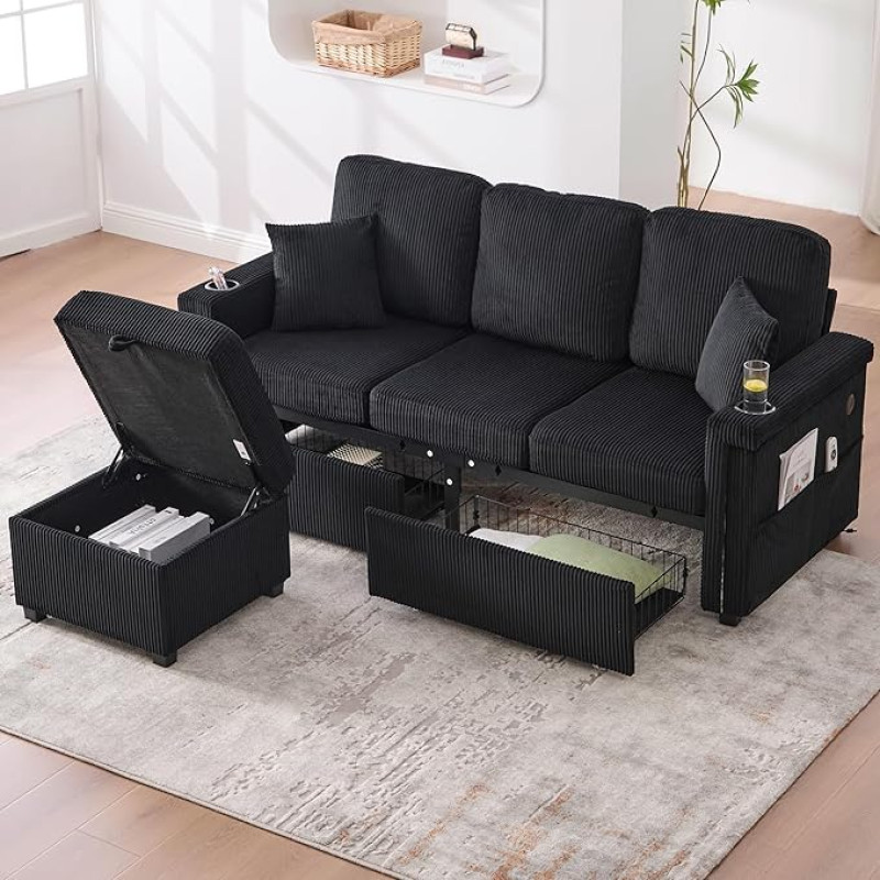 Sofa 4 sėdimų vietų su daiktadėže, sofa su LED apšvietimu ir USB-C jungtimi, kampinė sofa su puodelių laikikliais ir šoninėmis kišenėmis, velvetinė sofa svetainei, miegamajam ar biurui, juoda | LED-Beleuchtung