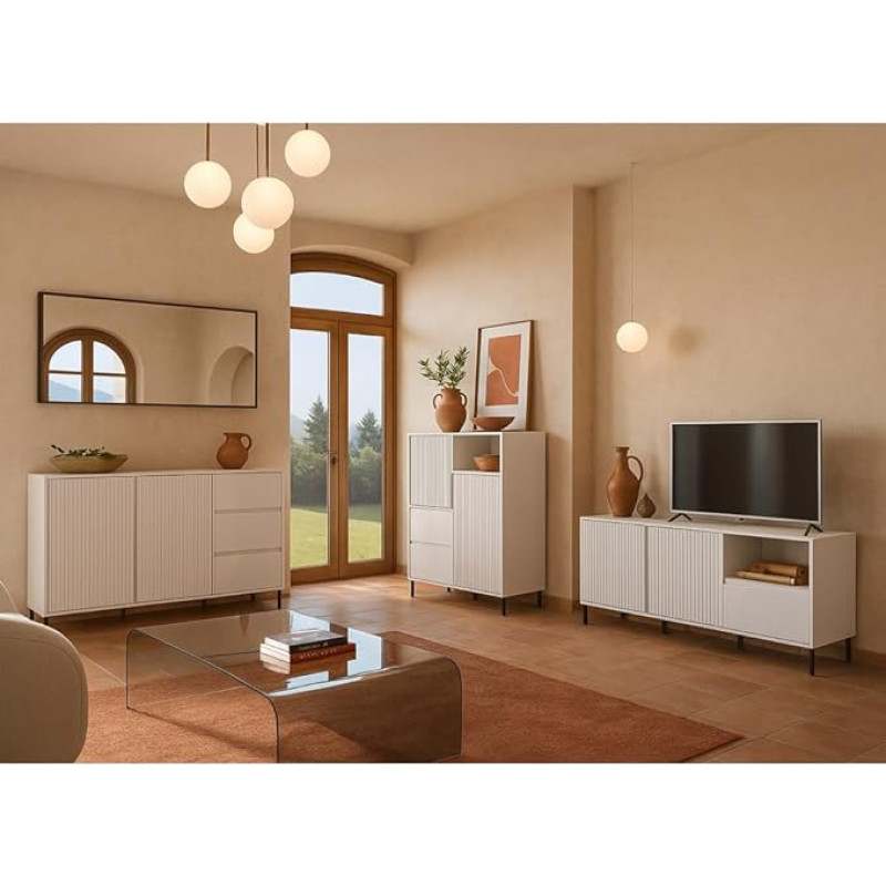 Lomadox Wohnzimmer Möbel Set in Weiß modern mit Sideboard, Highboard & Lowboard, 3-teilig, Wohnwand, Anbauwand, Fernsehwand, Fernsehschrank, Kommode, Wohnzimmer-Set
