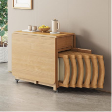 Folding Kitchen Table Set, Wooden Drop Leaf Table with 6 Chairs, Mobile Kitchen Table, Extendable Dining Table for Restaurant, Kitchen, Living Room, Dining Room, 1.4 m