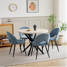 100 cm apvalus valgomojo stalas (travertino tekstūros) su 4 aksominėmis valgomojo kėdėmis, stalas ir 4 kėdės virtuvei, valgomajam, svetainei ir biurui (geltonas travertino stalas ir mėlynos kėdės)