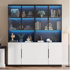 Merax Showcase Cabinet, Set of 2, 200 cm, Modern Glass Display Cabinet, Bookcase with LED, Tall Cabinet, Standing Display Cabinet with Glass Doors, Highboard Collector's Display Case with 4 Doors, for