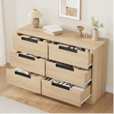 Moderne Kommode mit 6 Schubladen aus Holz - Viel Stauraum - Integrierte Griffe - Für Schlafzimmer, Wohnzimmer, Flur oder Kinderzimmer - Breite Doppel-Kommode - 120 x 40 x 74cm, Holzfarbe